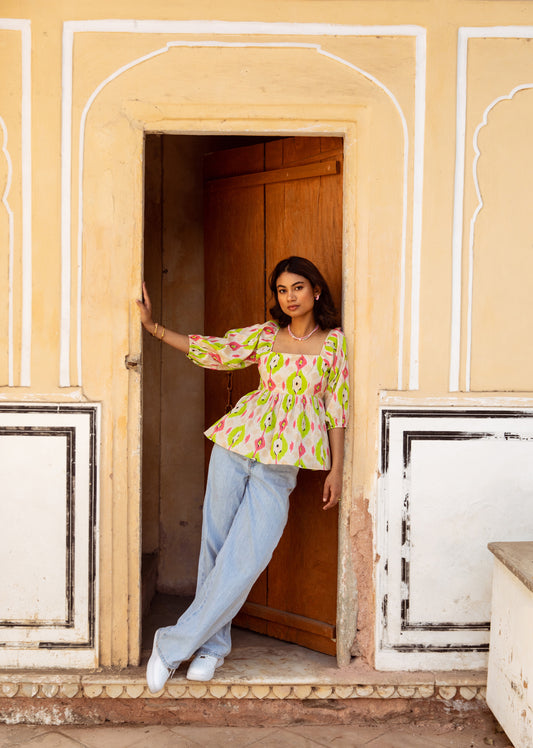 Cream Printed Sleeved Top