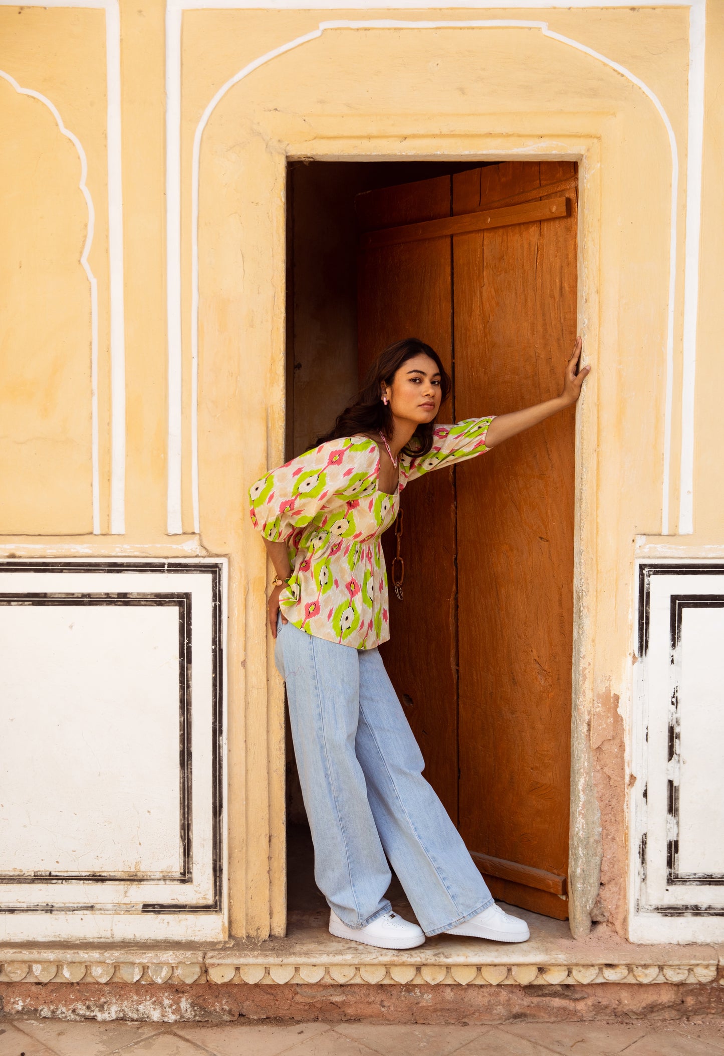Cream Printed Sleeved Top