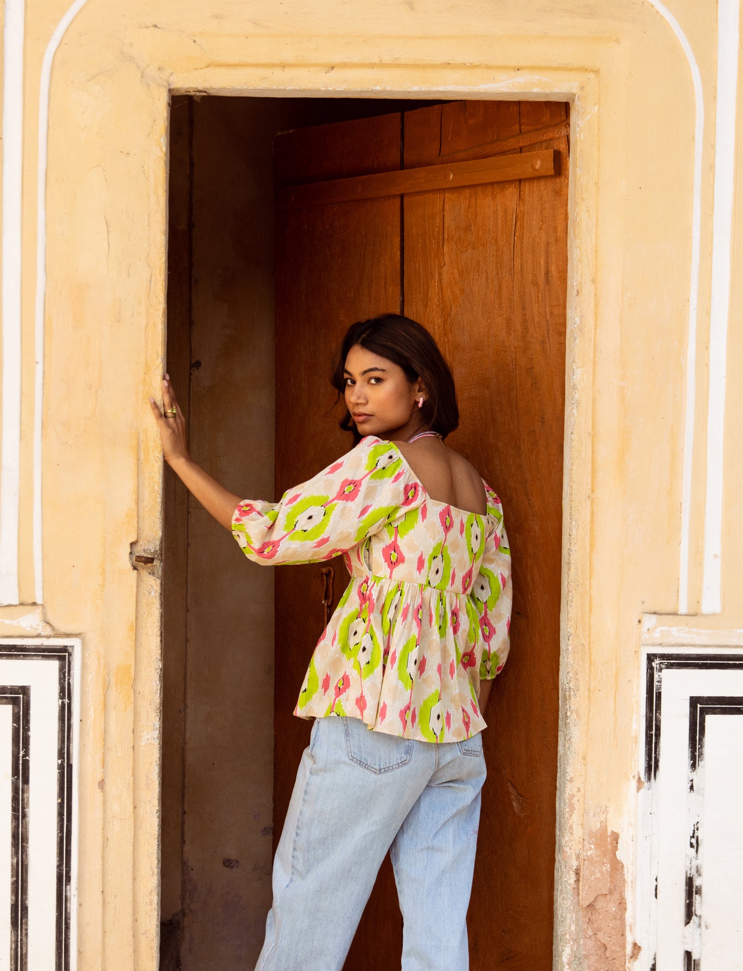 Cream Printed Sleeved Top
