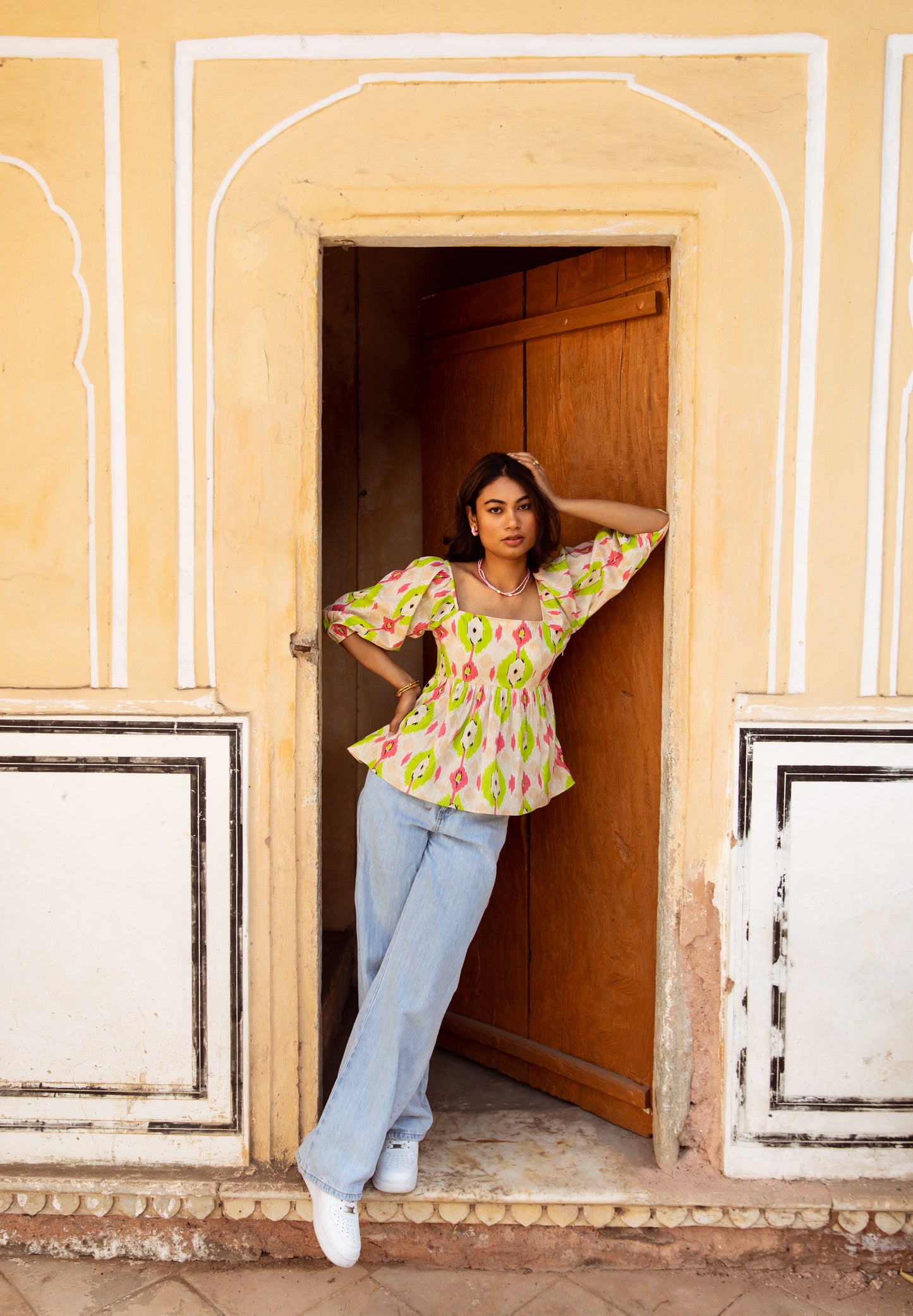 Cream Printed Sleeved Top