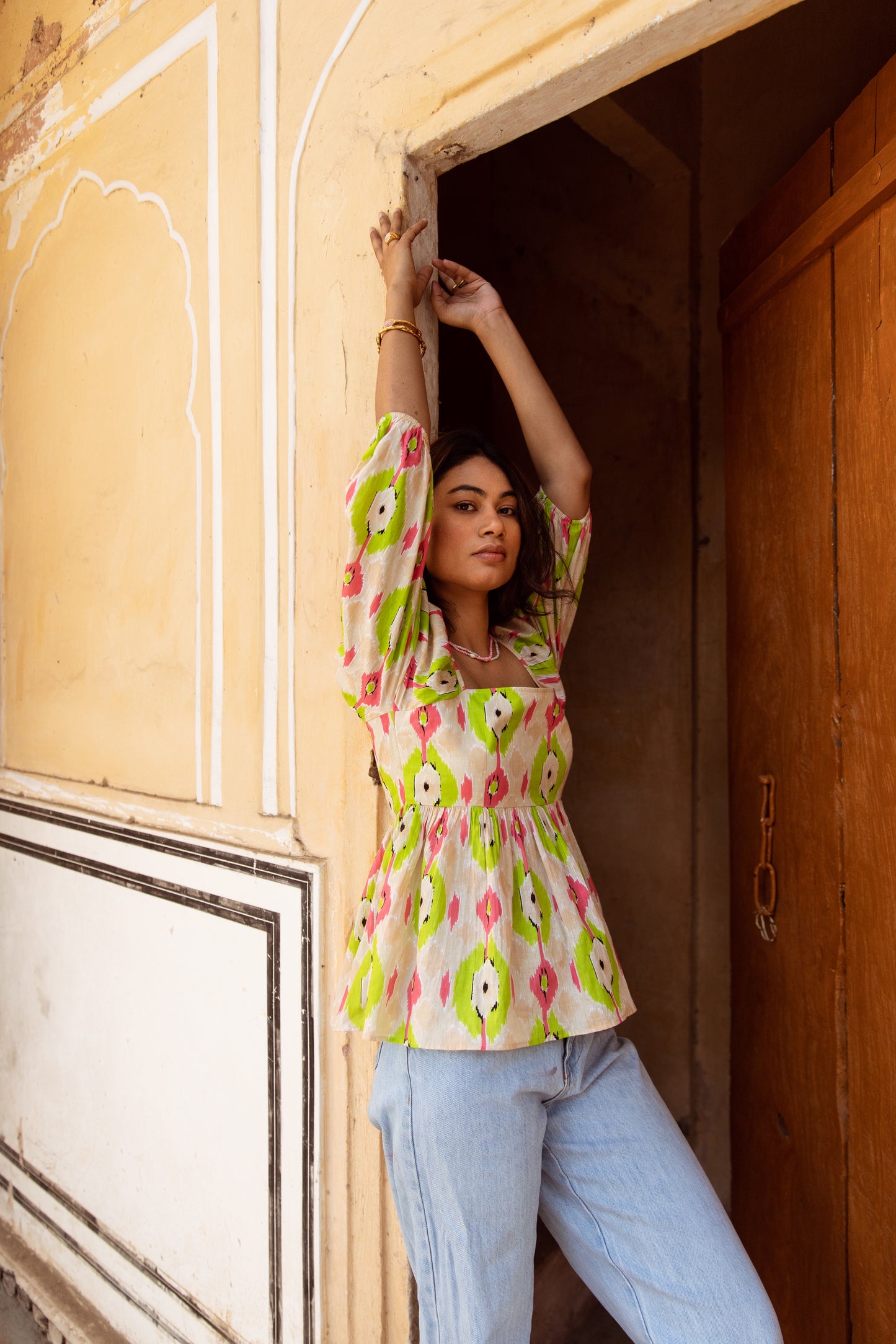 Cream Printed Sleeved Top