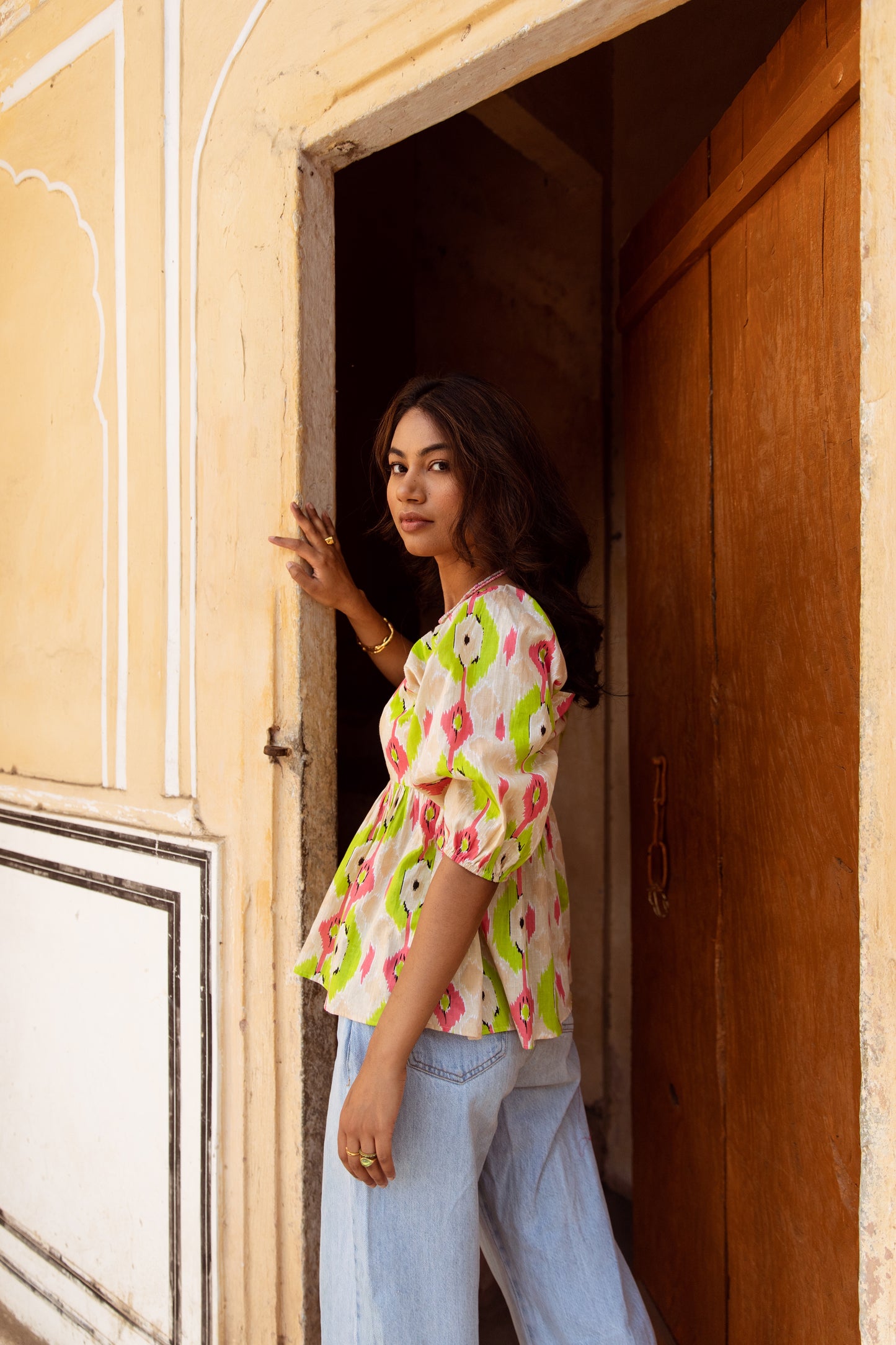 Cream Printed Sleeved Top