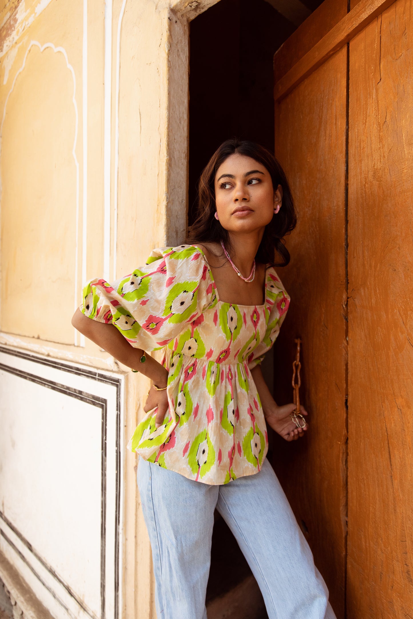 Cream Printed Sleeved Top