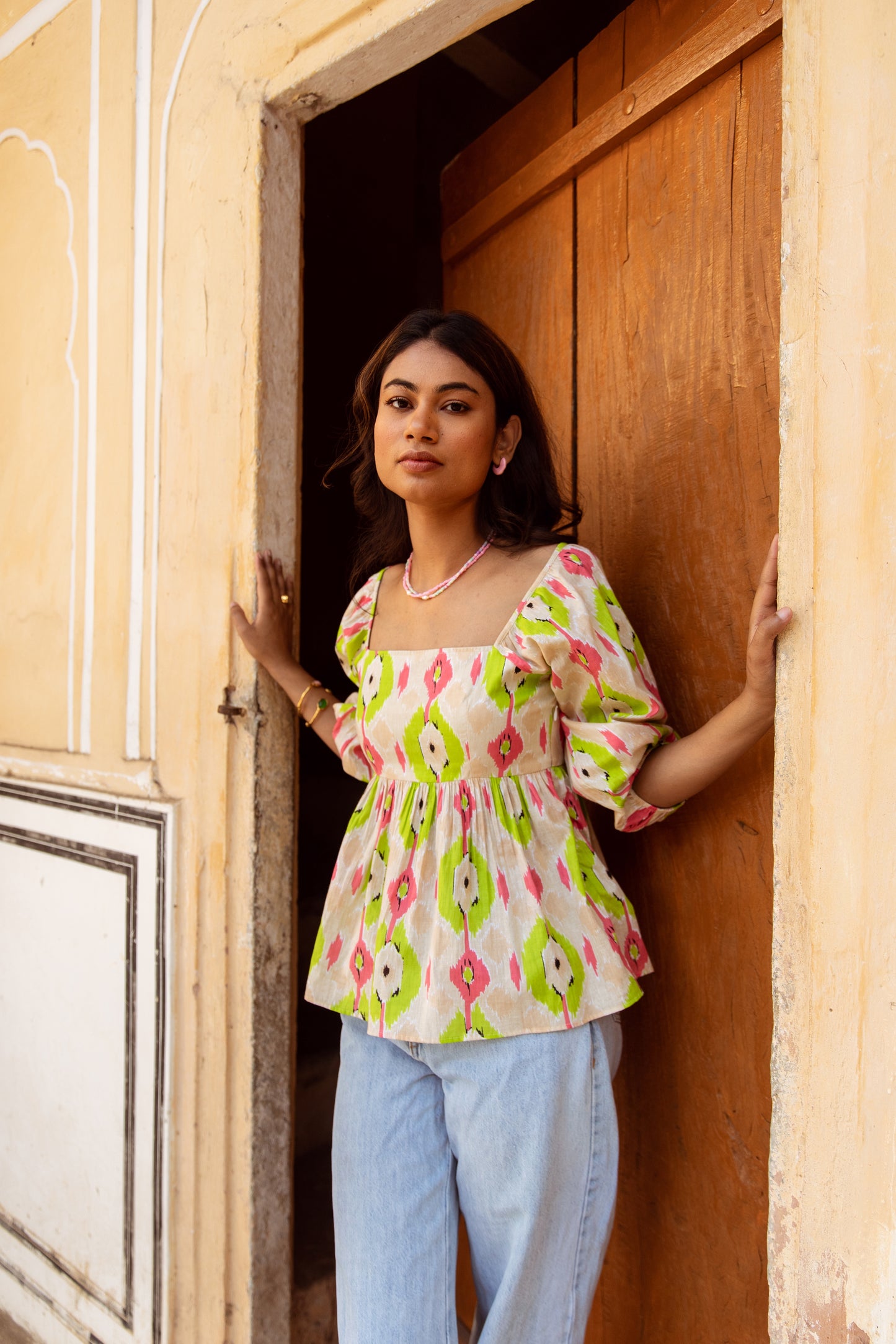 Cream Printed Sleeved Top