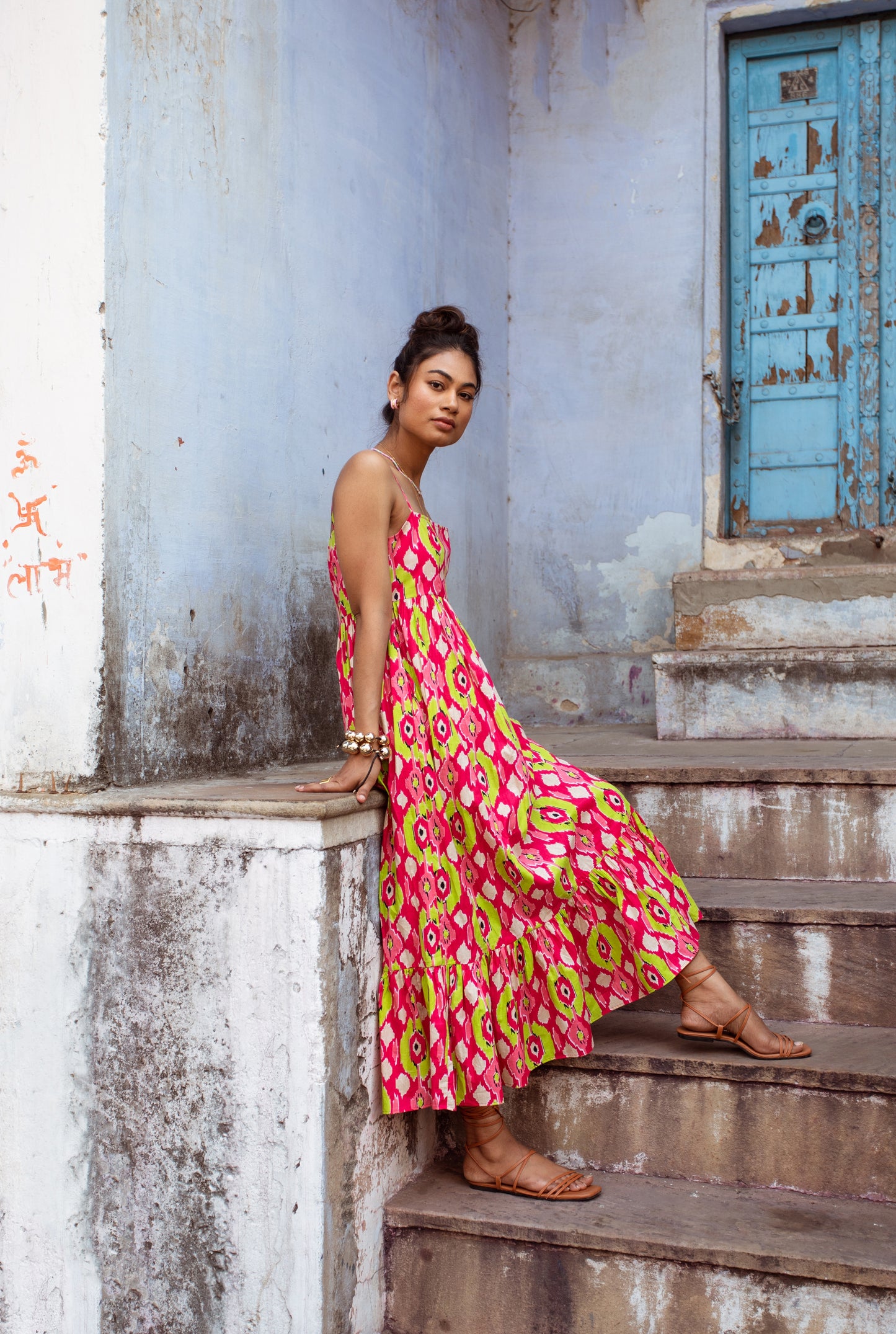Pink Printed Thin Strap Dress