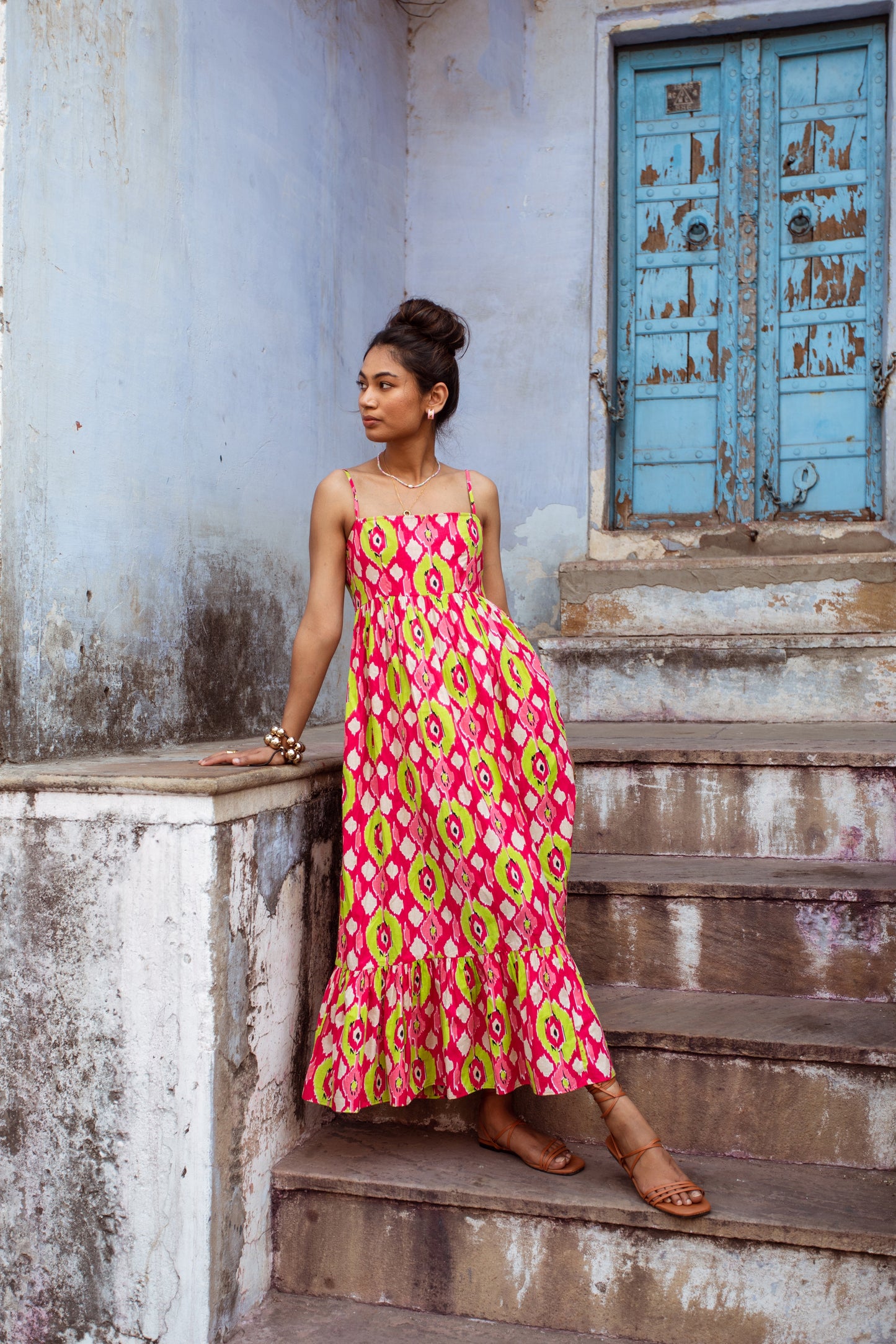 Pink Printed Thin Strap Dress