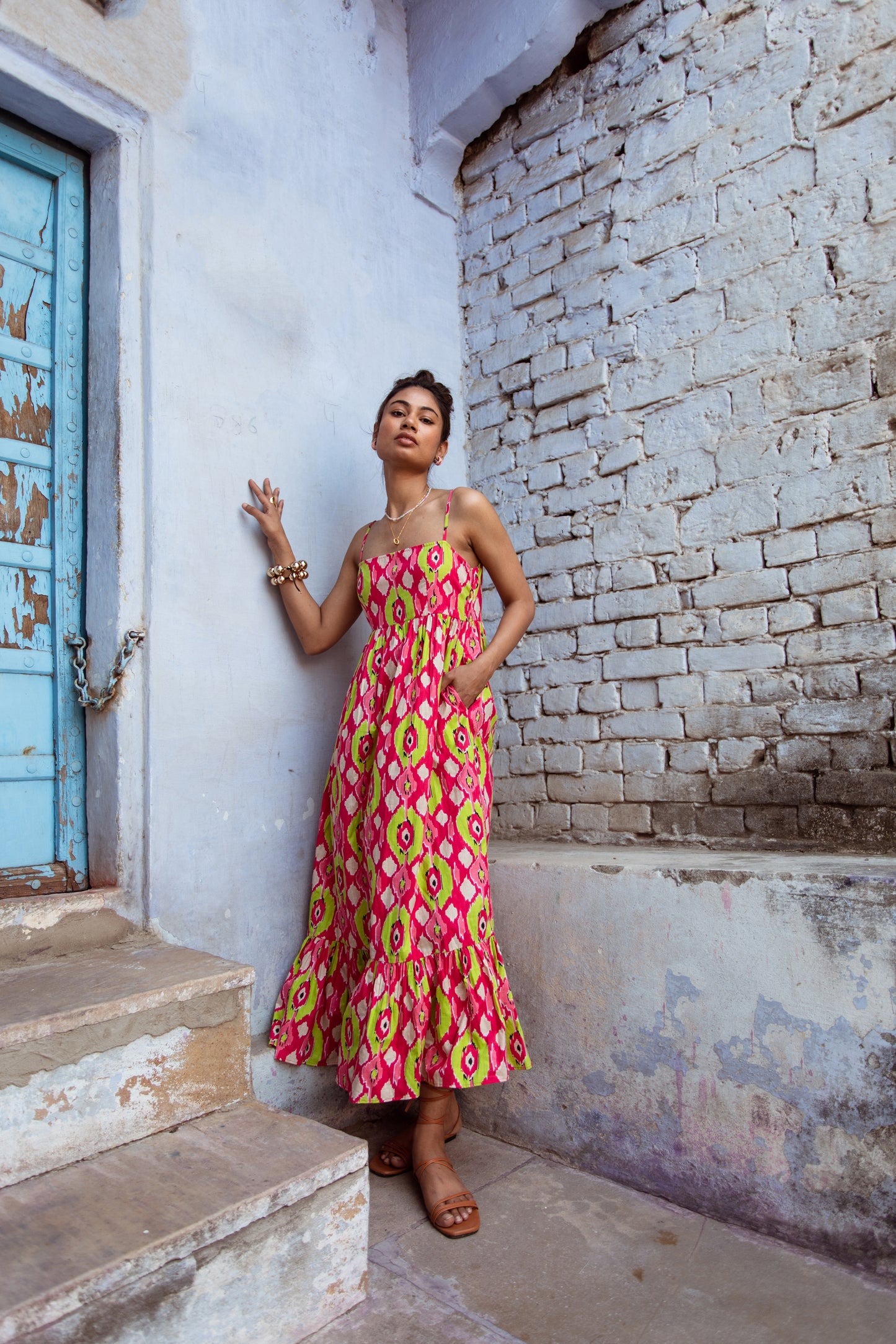 Pink Printed Thin Strap Dress