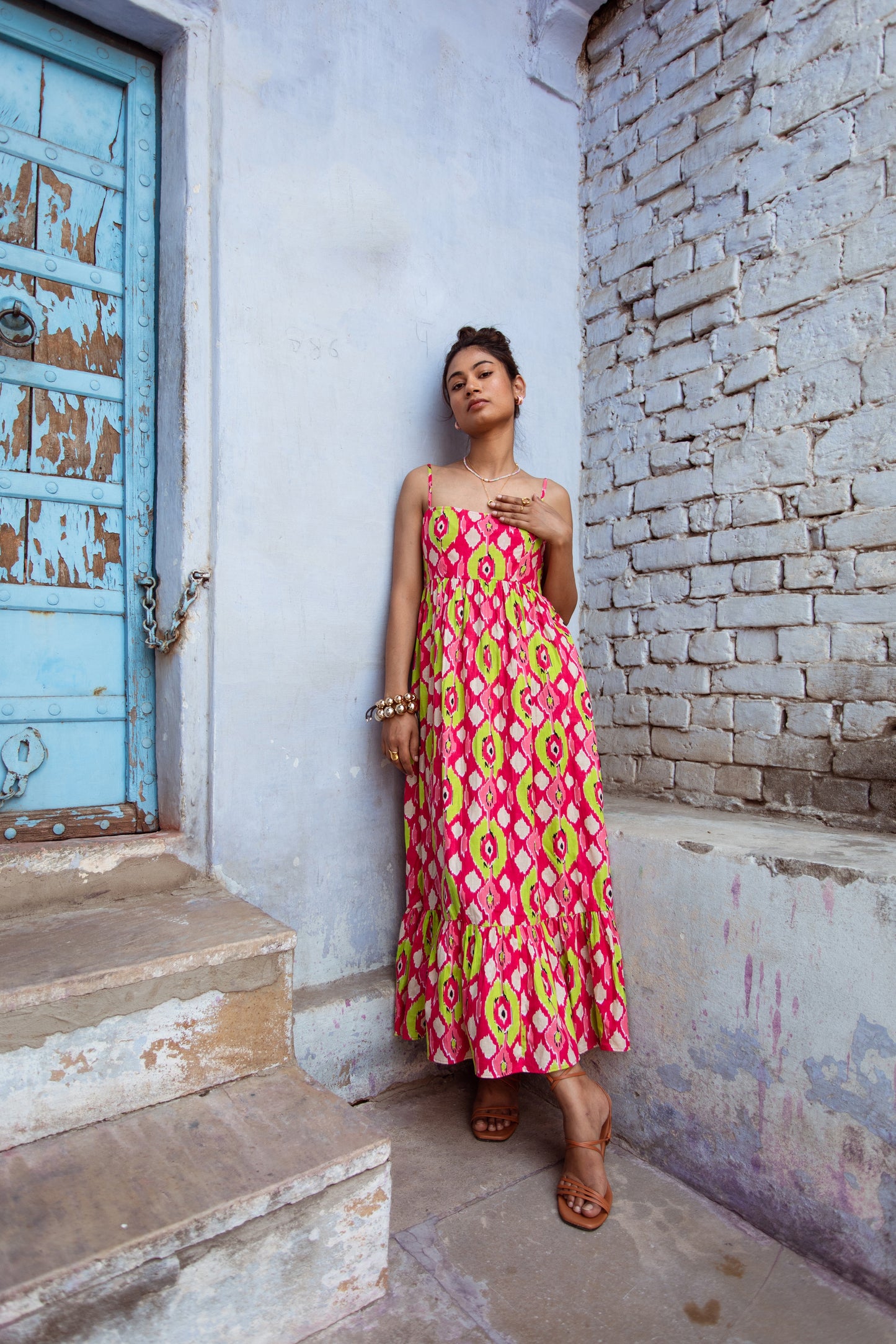 Pink Printed Thin Strap Dress
