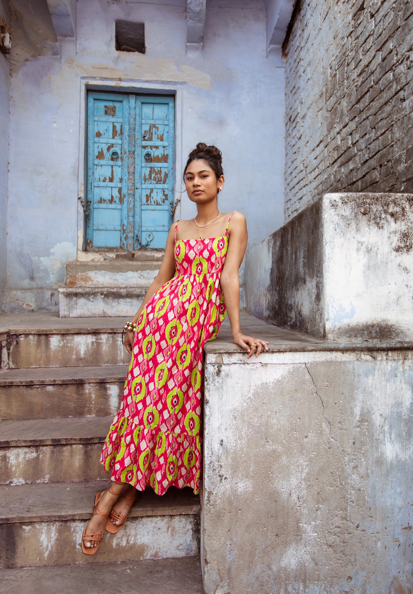 Pink Printed Thin Strap Dress