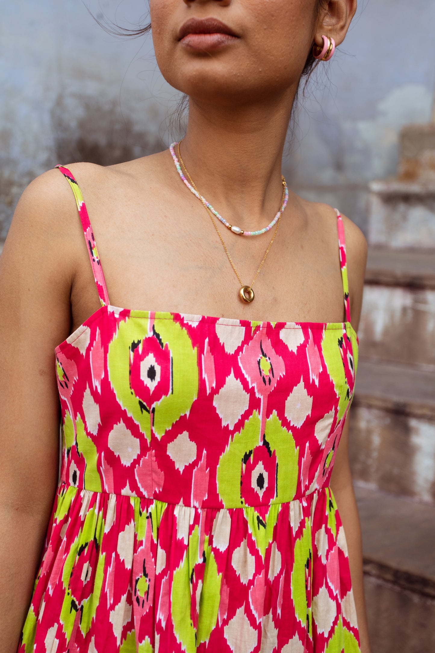 Pink Printed Thin Strap Dress