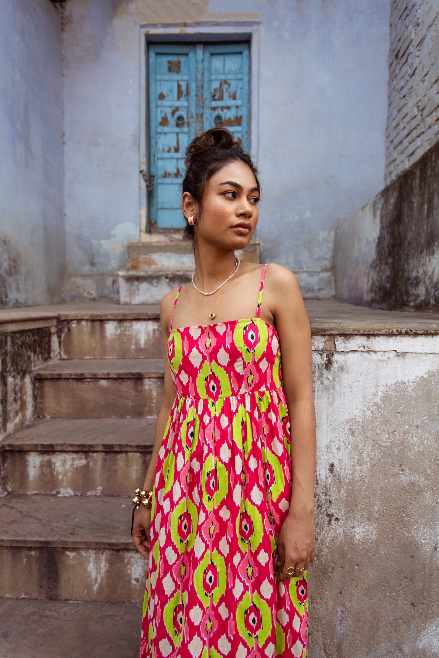 Pink Printed Thin Strap Dress