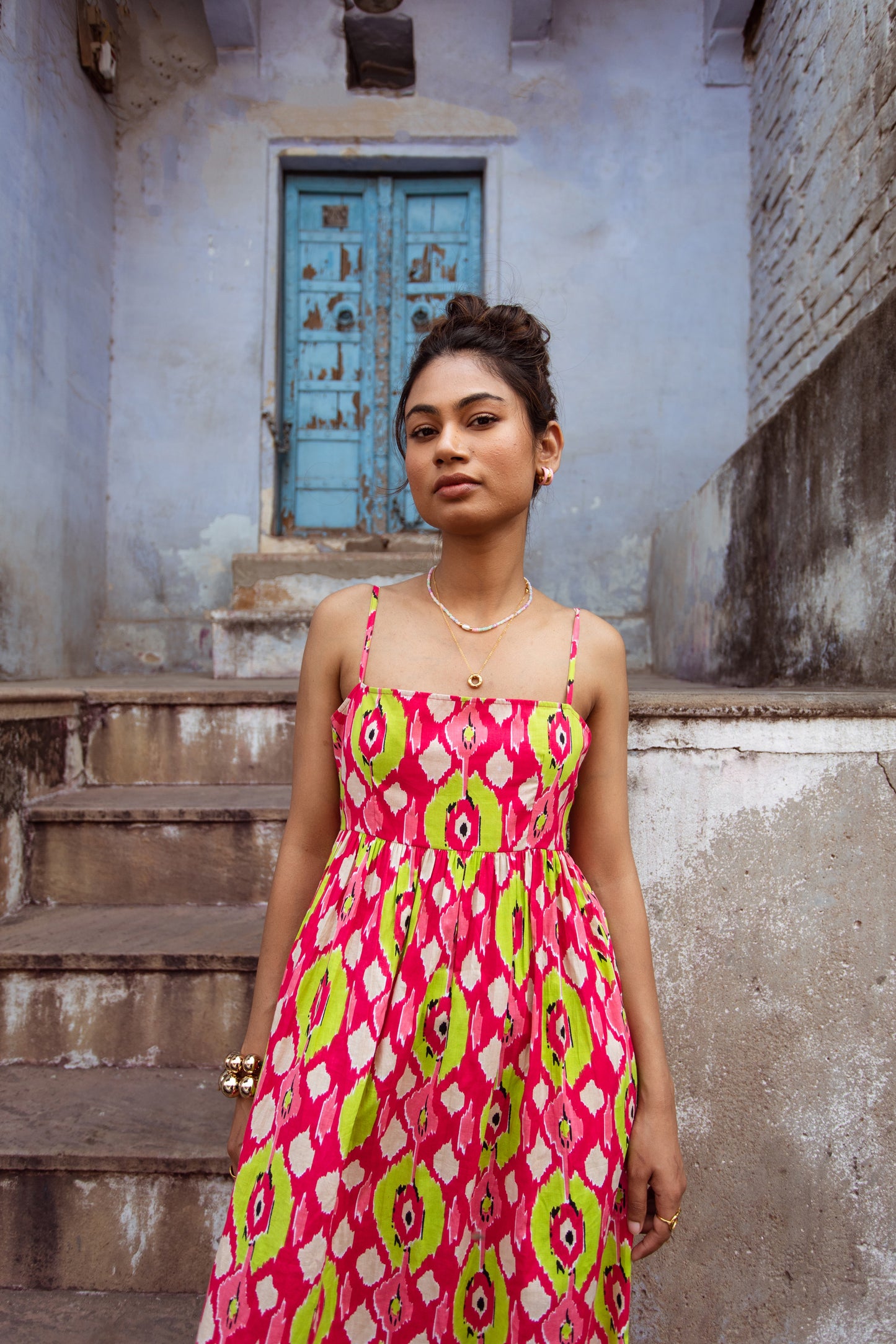 Pink Printed Thin Strap Dress