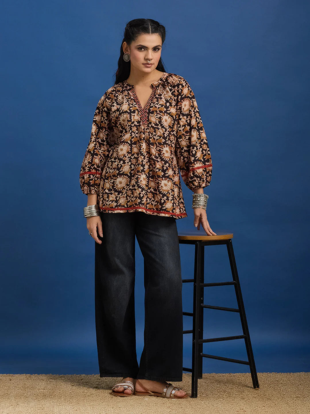 Black Floral Handblock Printed Cotton Top with Lace Detailing