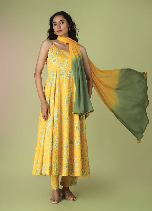 Yellow Printed Strappy Anarkali Set