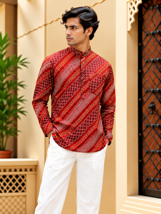 Red Bandhani Striped Short Kurta