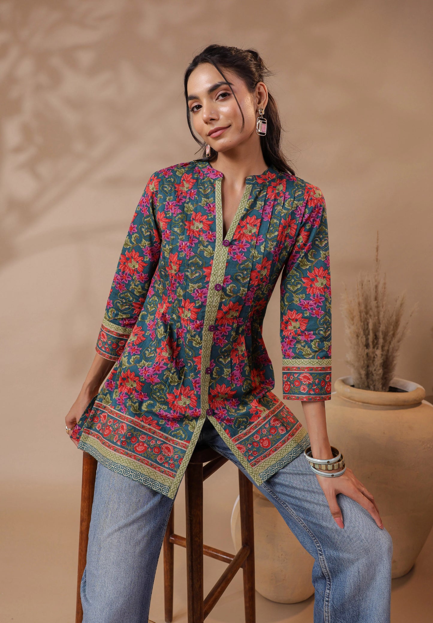 Green Printed Pintucks Cotton Top