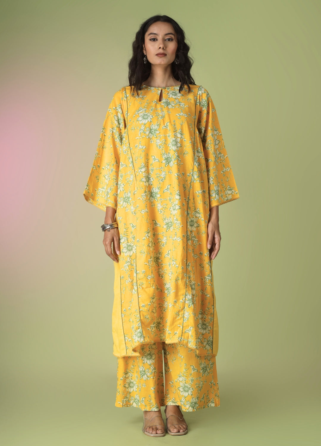 Yellow Printed Side Gathered Anarkali Set
