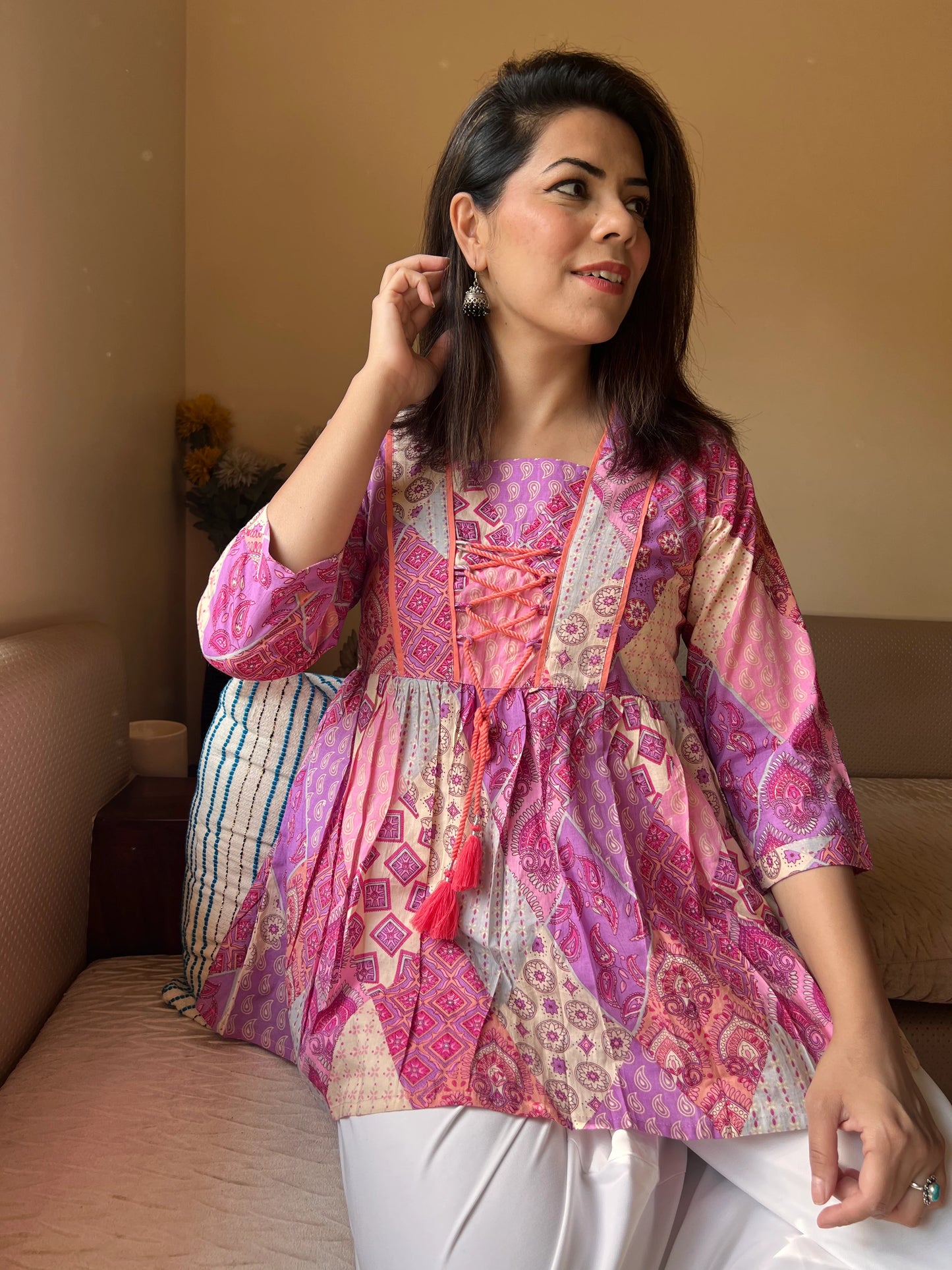 Purple Cotton Print Ethnic Cotton Top