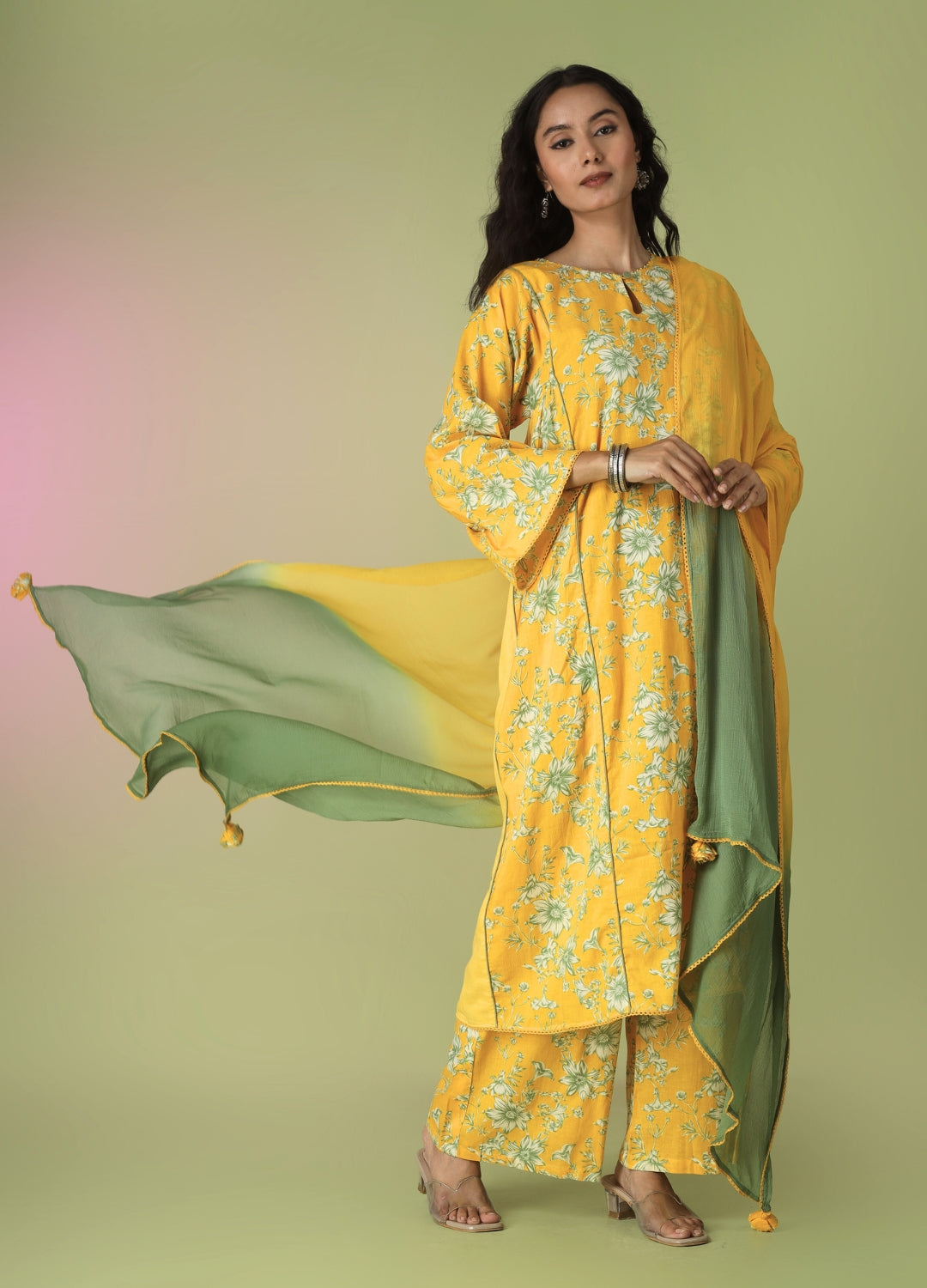 Yellow Printed Side Gathered Anarkali Set