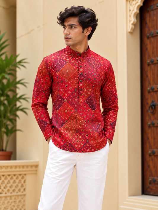 Red Patchwork Short Kurta