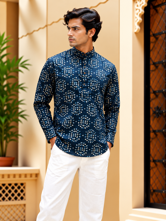 Blue Bandhani Printed Short Kurta