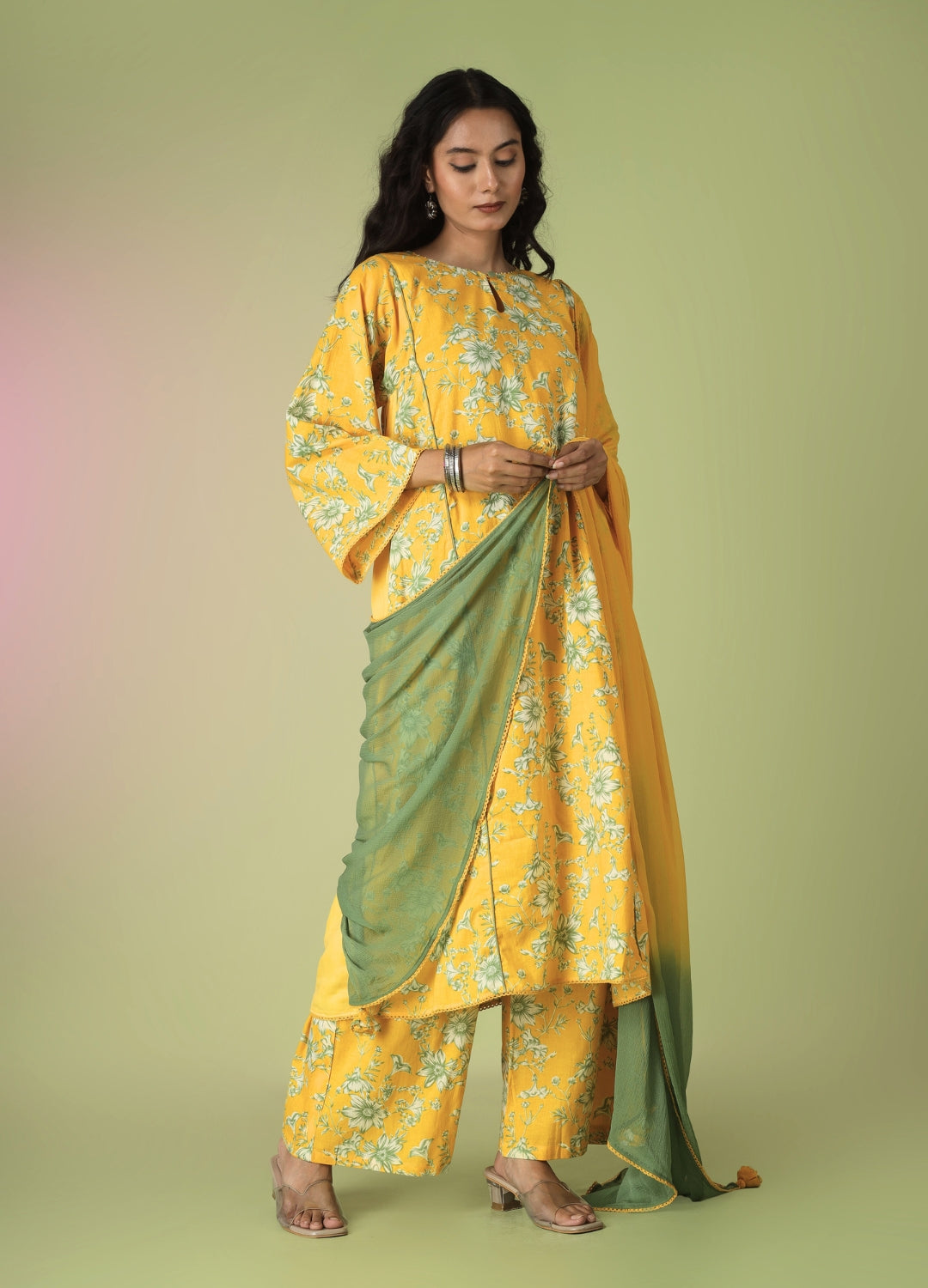 Yellow Printed Side Gathered Anarkali Set