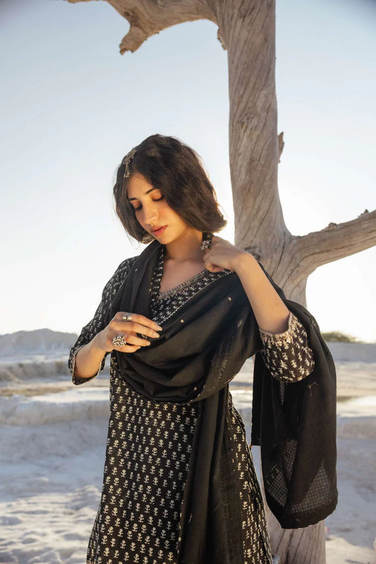 BLACK BLOCK PRINT SHARARA SET