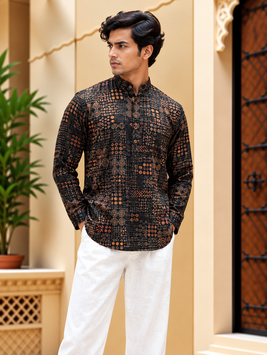 Black Geometric Printed Short Kurta