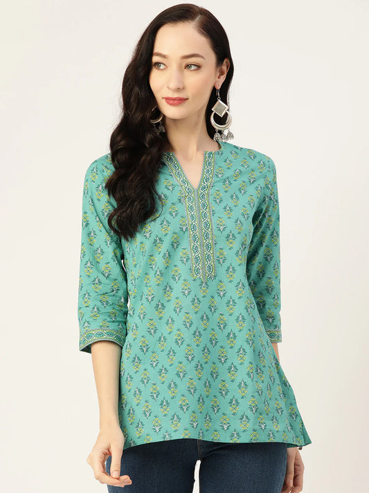 Sea Green Ethnic Motifs Print Pure Cotton Regular Ethnic Top