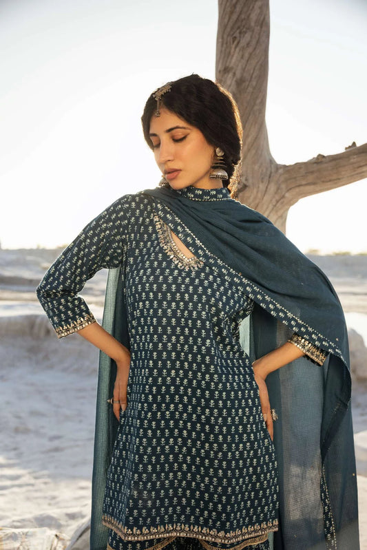 INDIGO BLUE BLOCK PRINT SHARARA SET