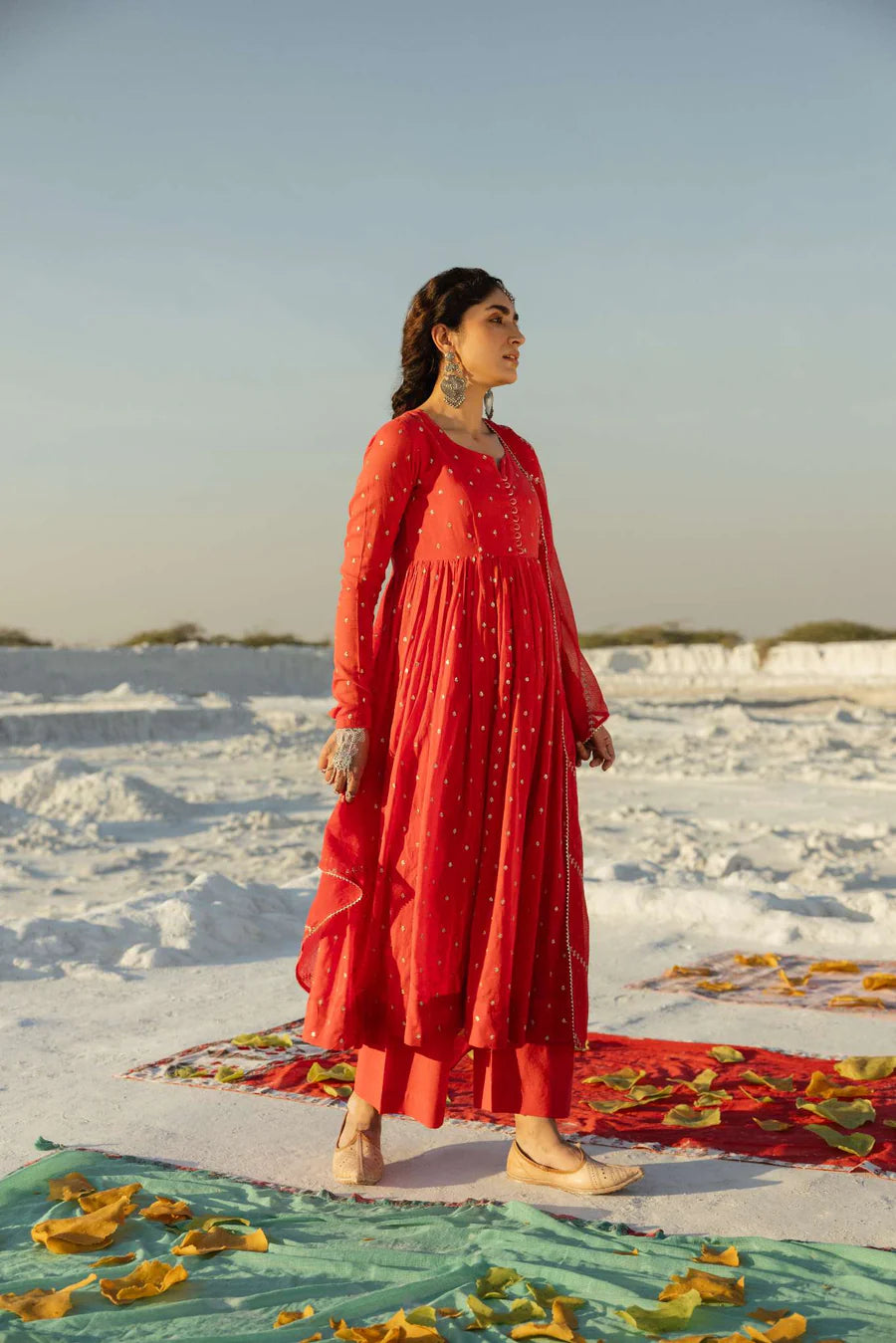 RED MUL COTTON ANARKALI SET