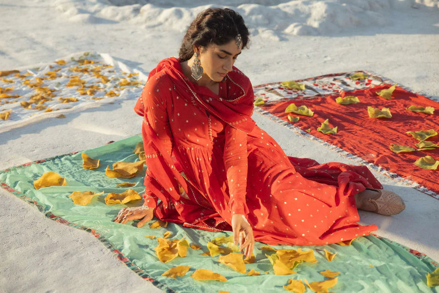 RED MUL COTTON ANARKALI SET