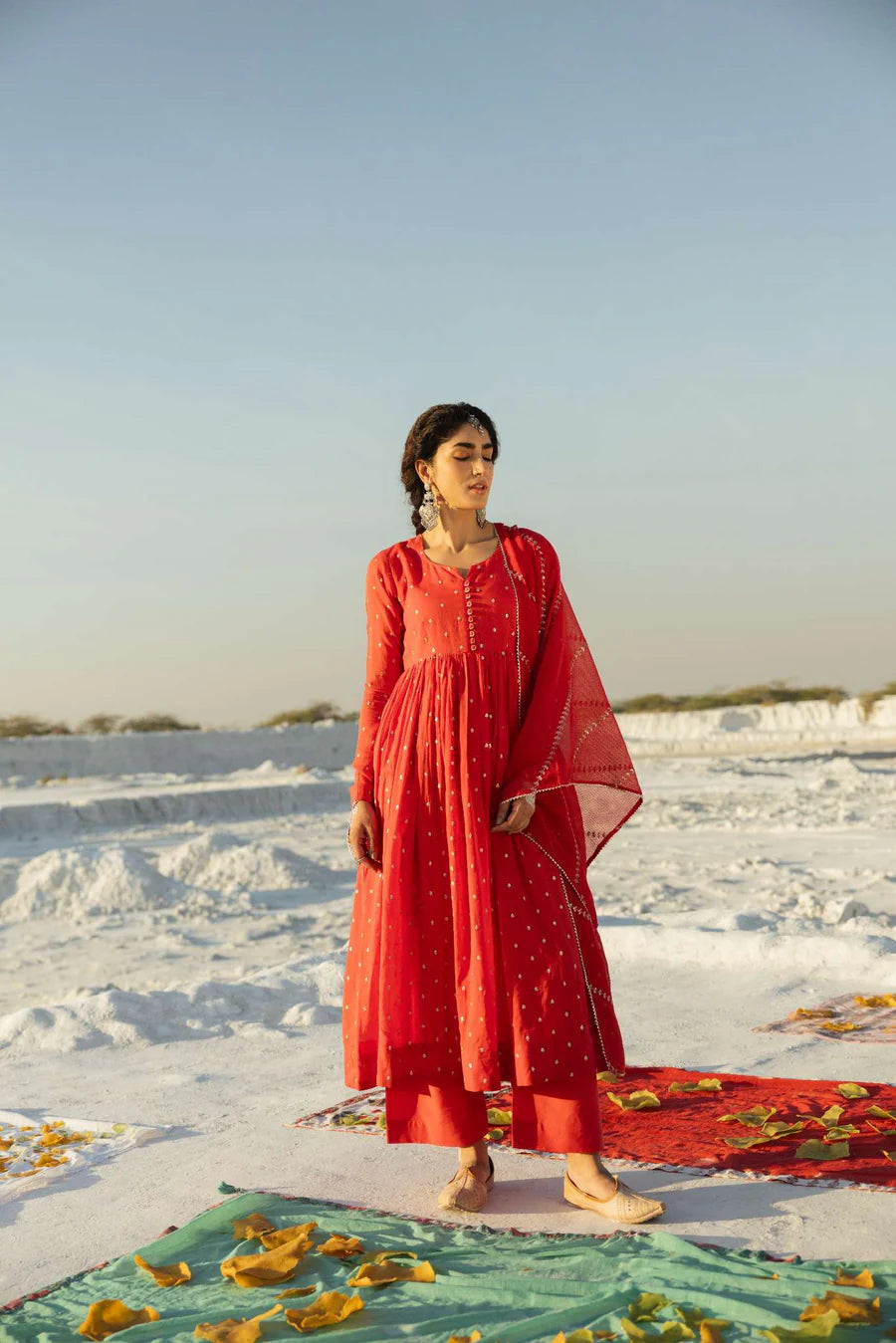 RED MUL COTTON ANARKALI SET