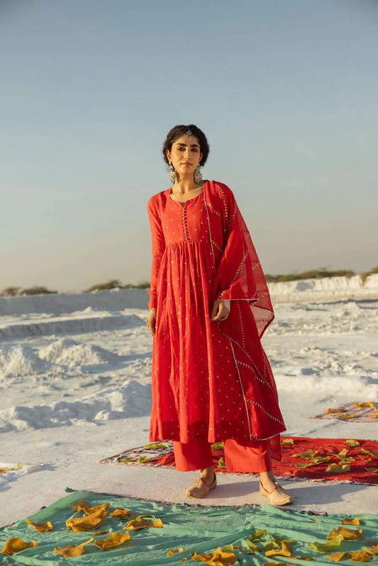 RED MUL COTTON ANARKALI SET