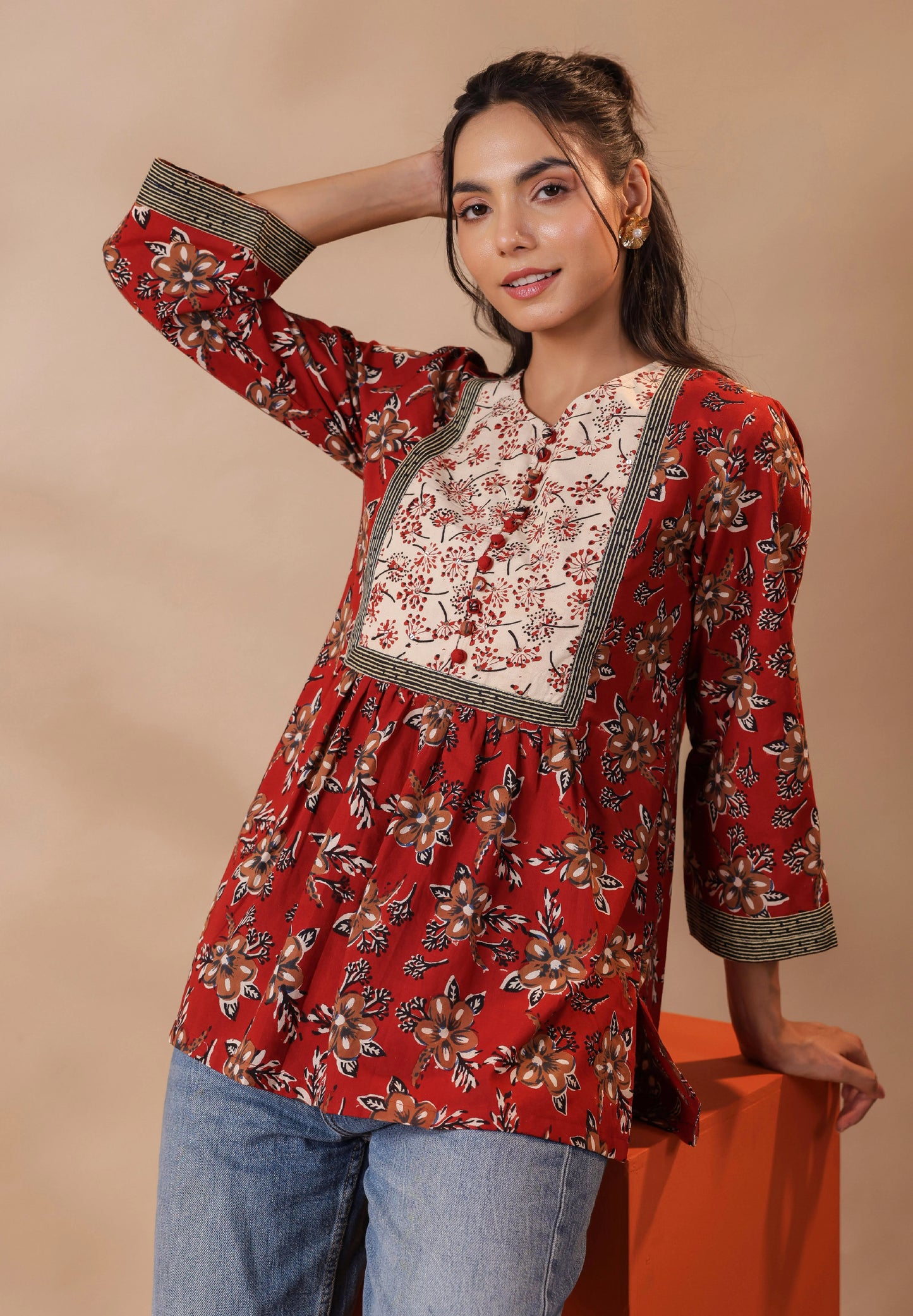 Maroon Bagru Printed Cotton Block Print A-Line Top
