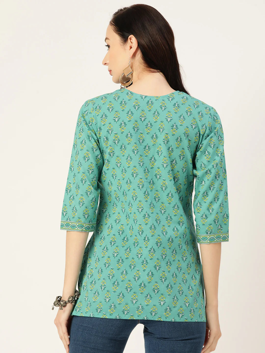 Sea Green Ethnic Motifs Print Pure Cotton Regular Ethnic Top
