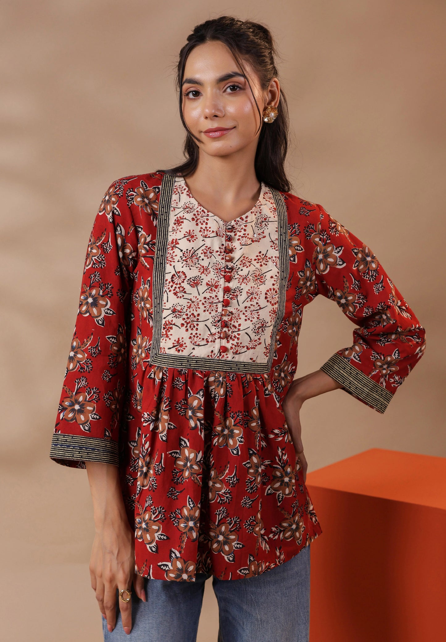 Maroon Bagru Printed Cotton Block Print A-Line Top