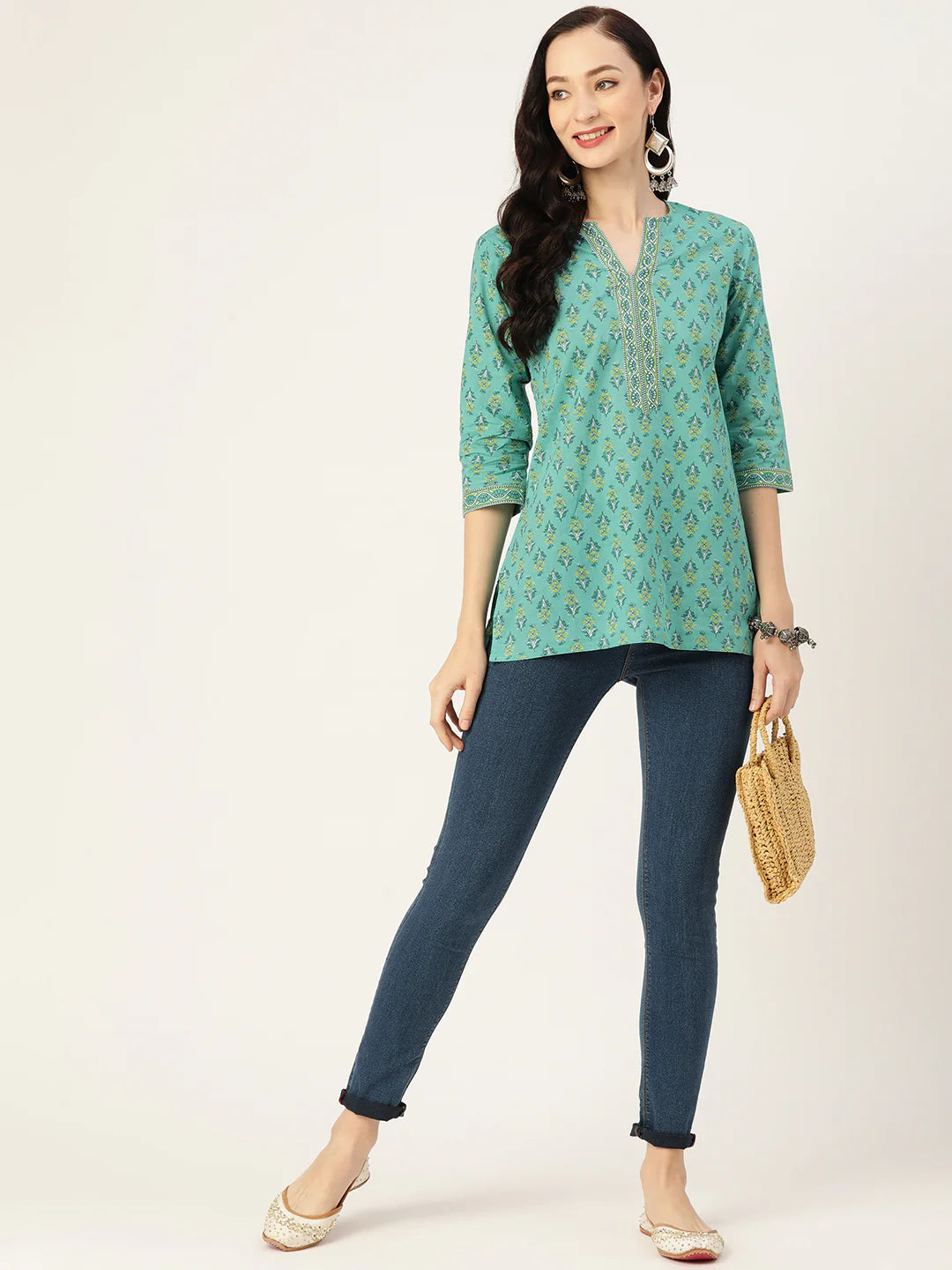 Sea Green Ethnic Motifs Print Pure Cotton Regular Ethnic Top
