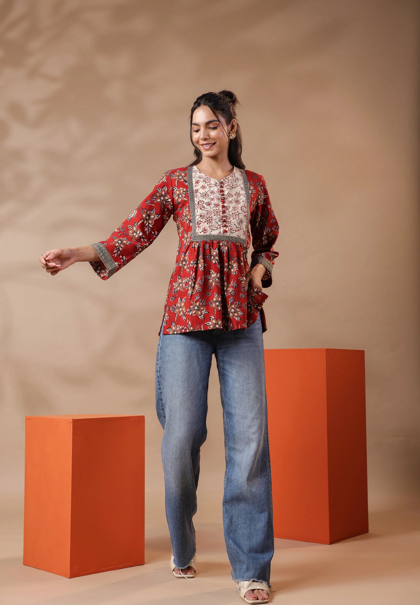 Maroon Bagru Printed Cotton Block Print A-Line Top