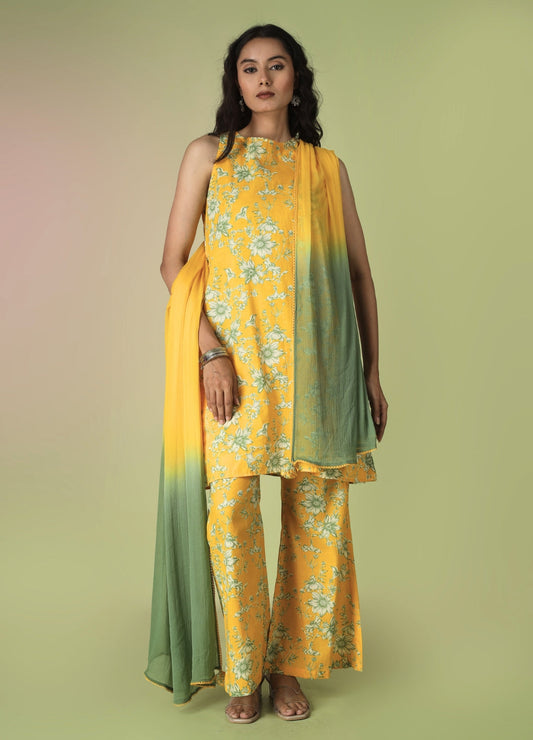 Yellow Sleeveless Kurta with Flared Pants