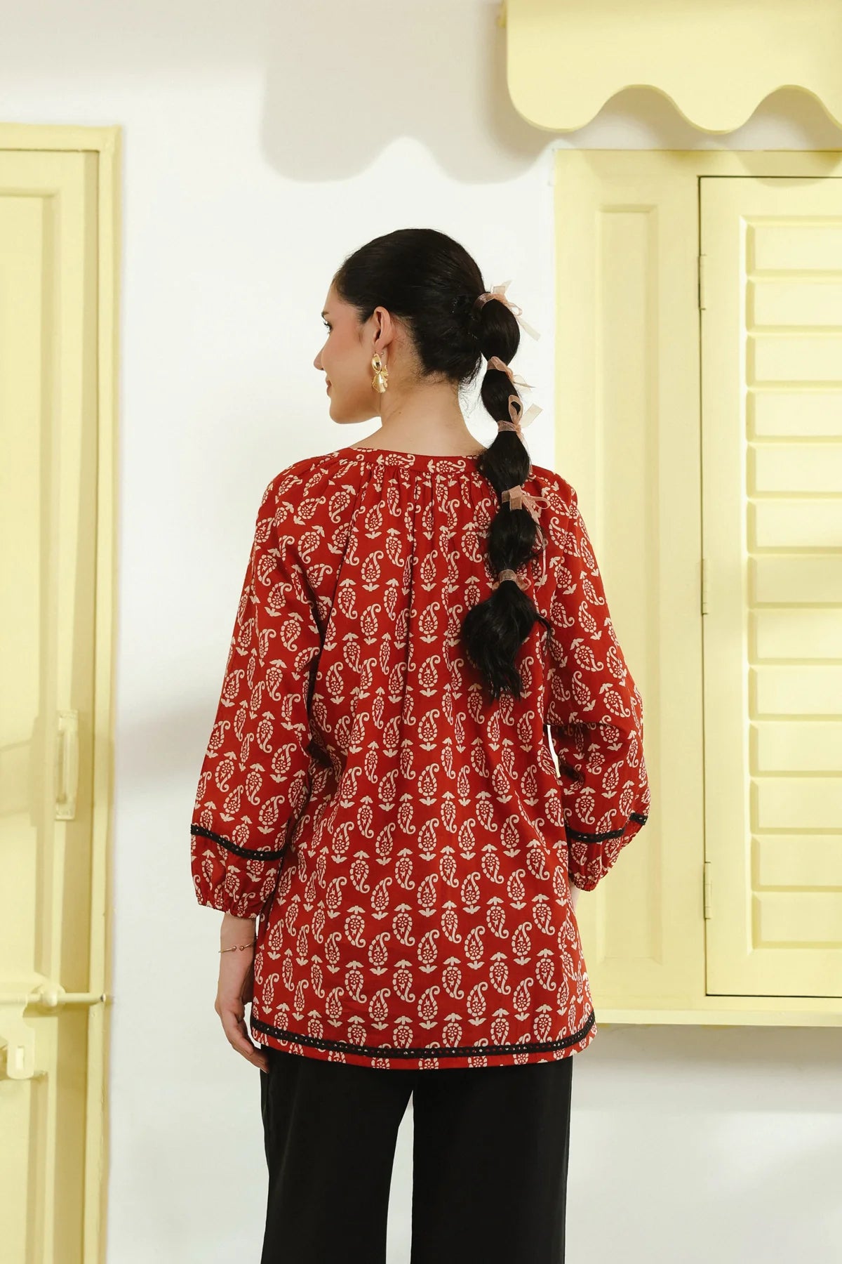 Red Ethnic Printed V-Neck Cotton Top with Lace Detailing