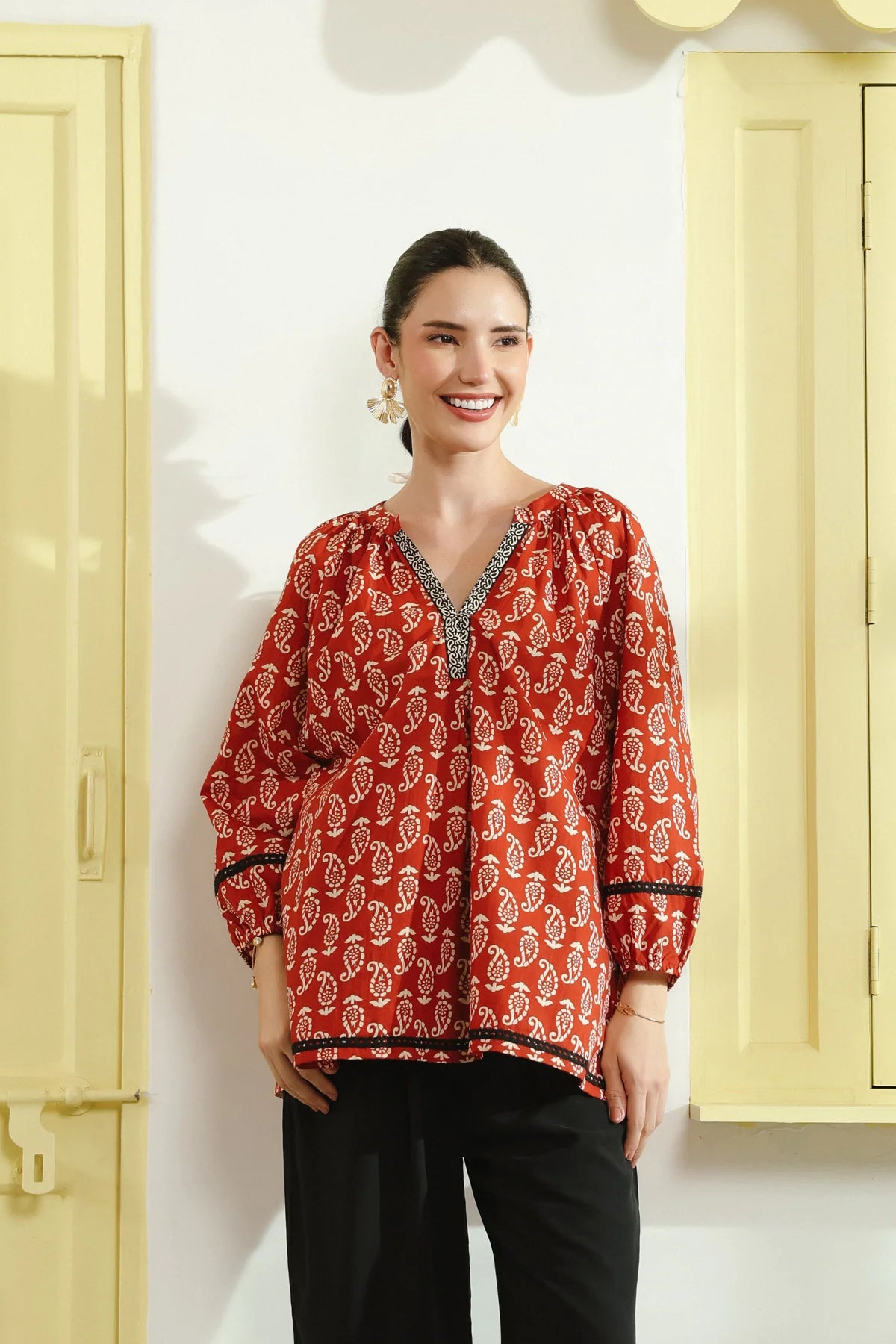 Red Ethnic Printed V-Neck Cotton Top with Lace Detailing