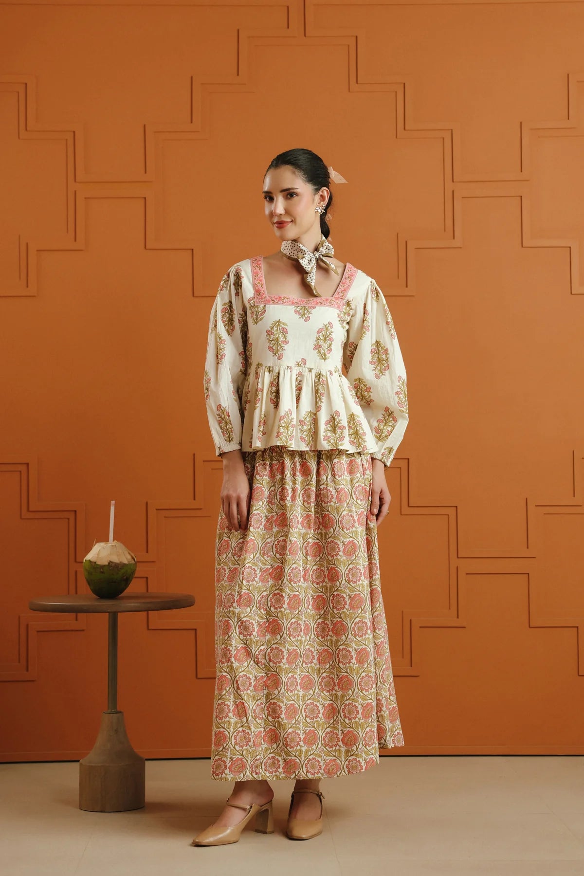Cream Floral Printed Cotton Top & Skirt Set
