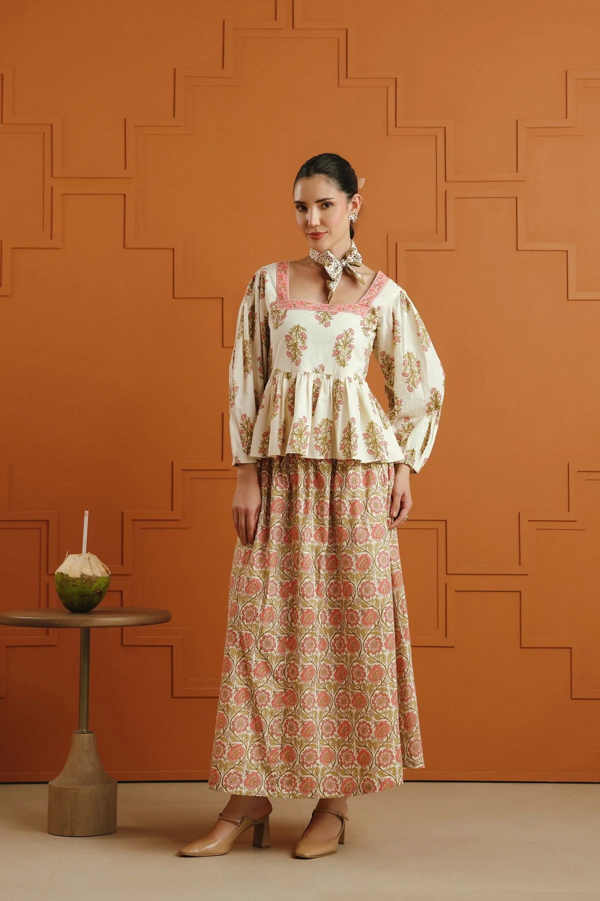 Cream Floral Printed Cotton Top & Skirt Set