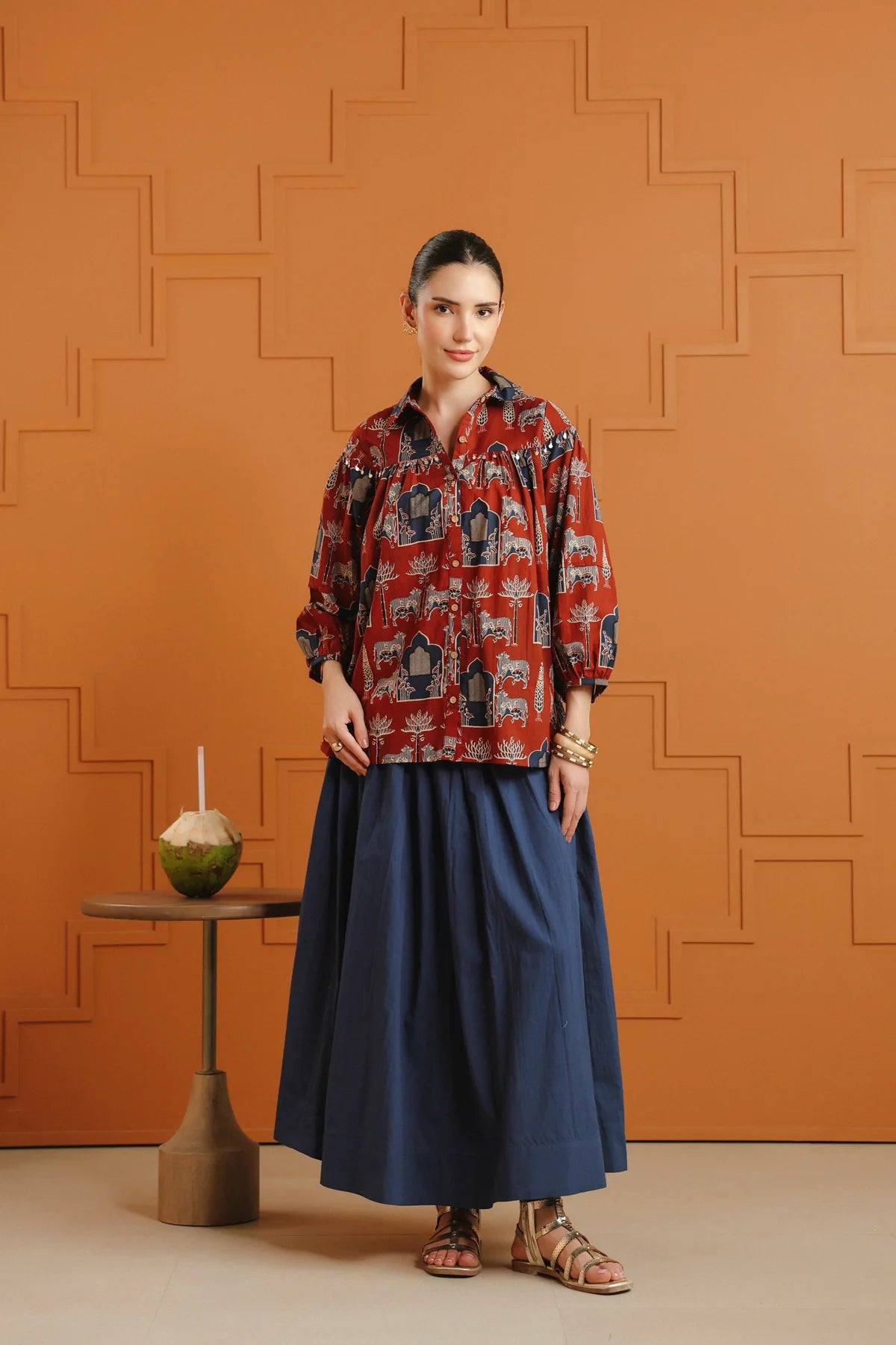 Maroon Ethnic Cotton Shirt With Embellished Yoke