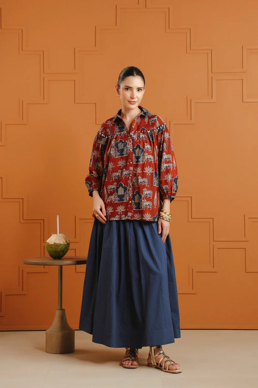 Maroon Ethnic Cotton Shirt With Embellished Yoke