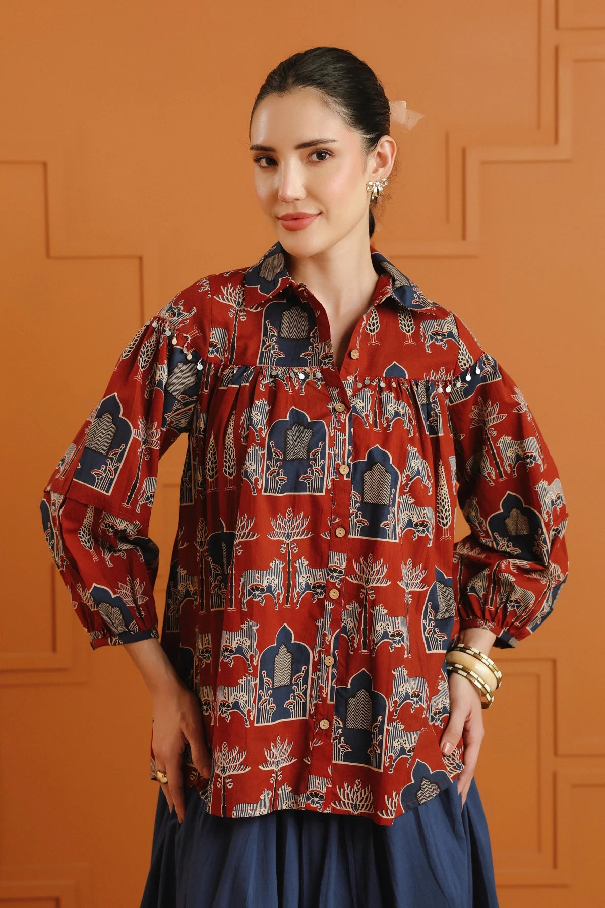 Maroon Ethnic Cotton Shirt With Embellished Yoke