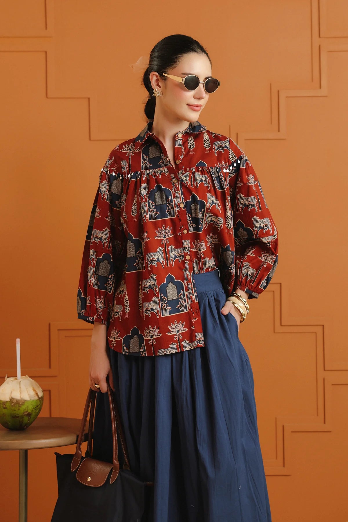 Maroon Ethnic Cotton Shirt With Embellished Yoke