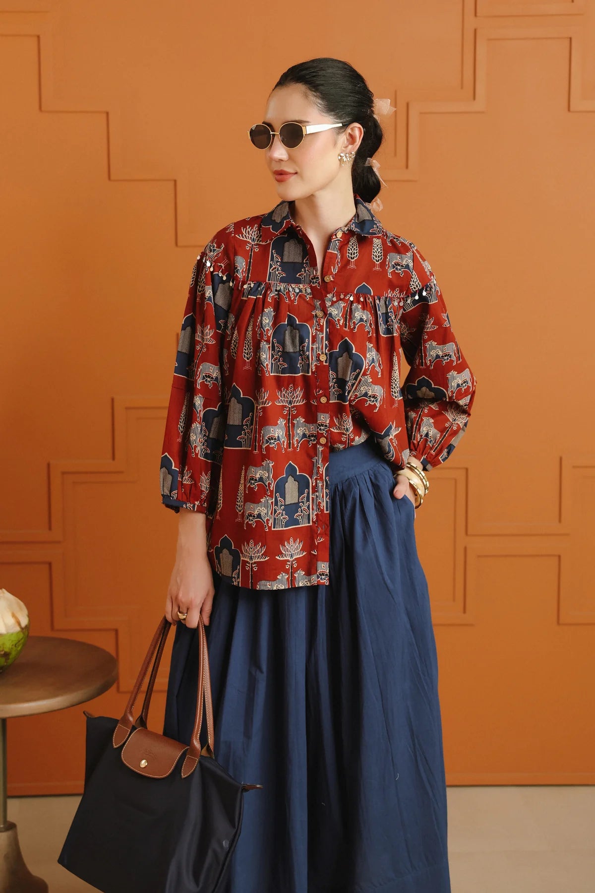 Maroon Ethnic Cotton Shirt With Embellished Yoke
