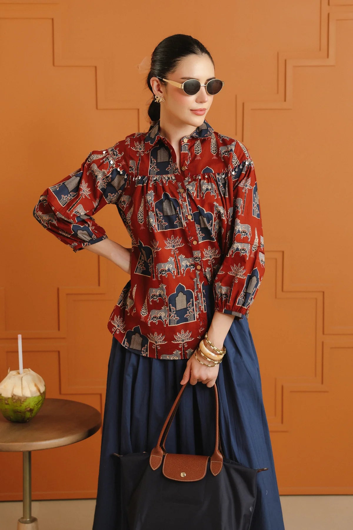Maroon Ethnic Cotton Shirt With Embellished Yoke